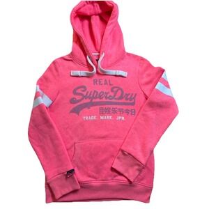 Superdry Hoodie WMNS XS Neon Pink Graphic Logo Pullover Y2K 90s VTG Style Sporty